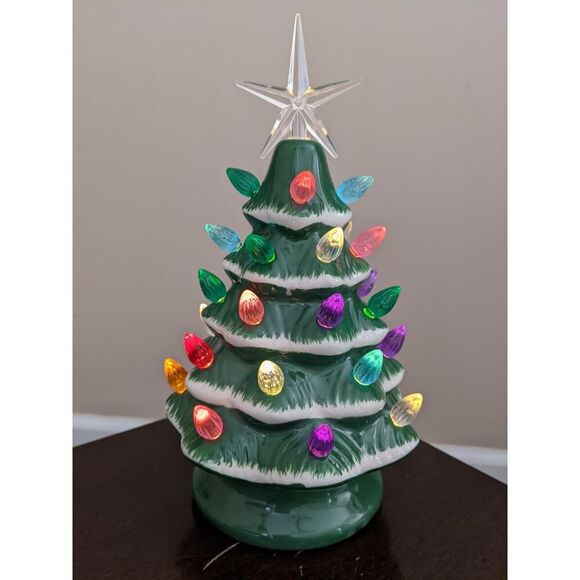 2 Green snow tipped vintage bisque ceramic lit Charismas trees. - Picture 2 of 5